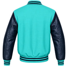 Tiffany blue wool varsity jacket, navy blue cowhide sleeves, back view