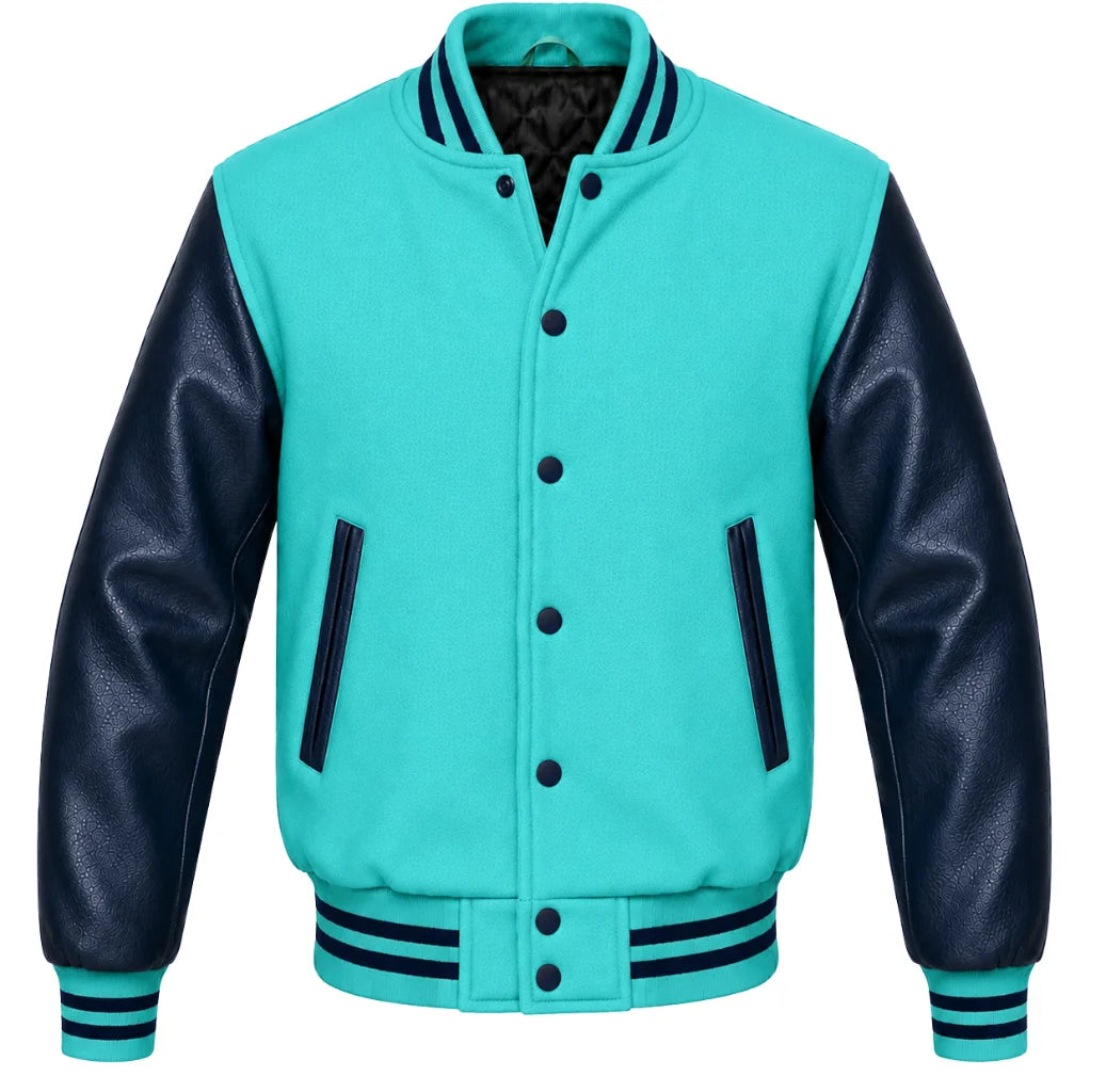 Tiffany blue melton wool varsity jacket with navy blue leather sleeves, front view