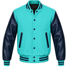 Tiffany blue melton wool varsity jacket with navy blue leather sleeves, front view