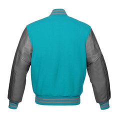 Tiffany and Grey Varsity Jacket with Wool Body and Leather Sleeves Back Side