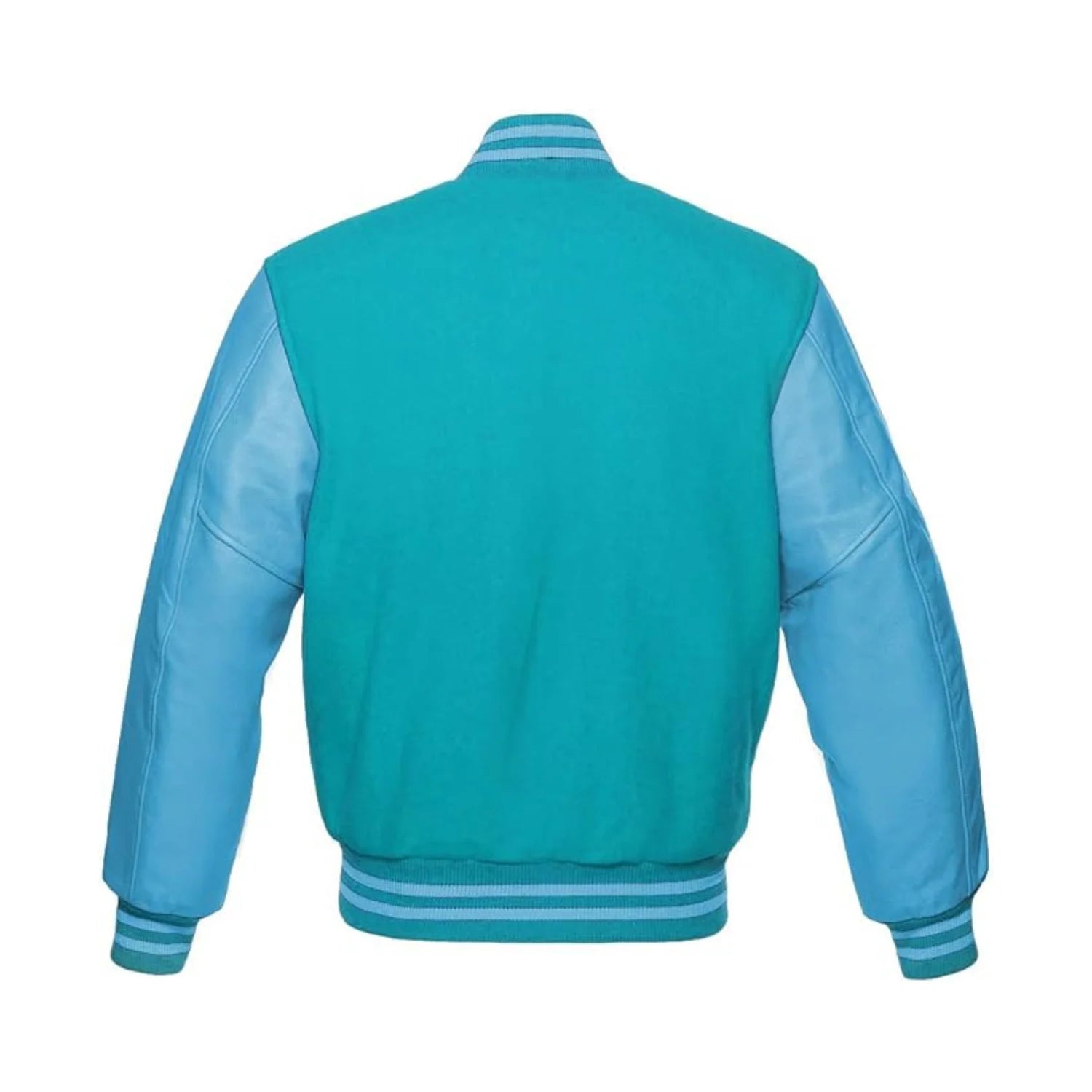 Tiffany Wool and Sky Blue Leather Varsity Jacket Back Side