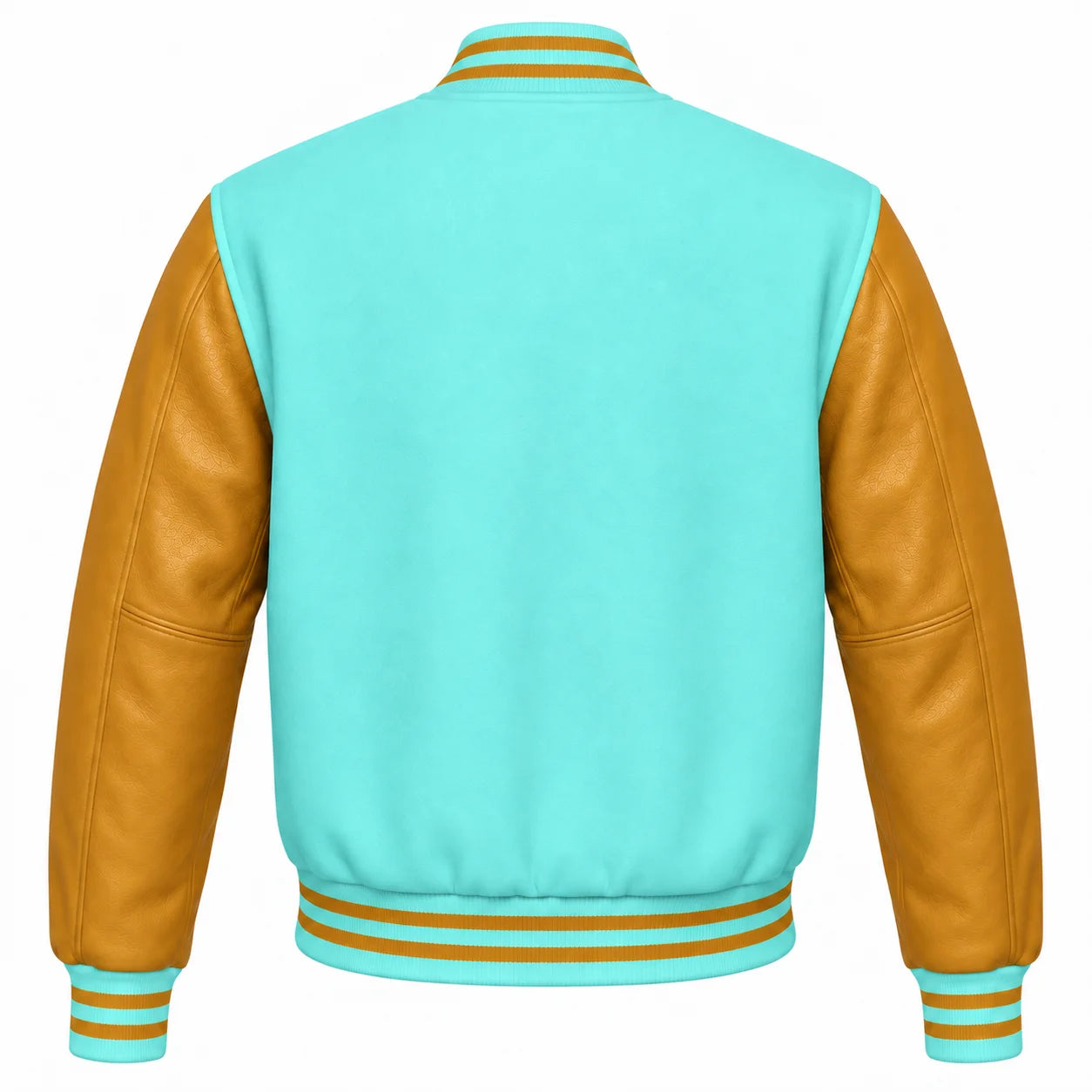 Tiffany Blue and Gold Varsity Jacket with Wool Body and Leather Sleeves Back Side