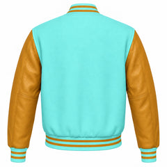Tiffany Blue and Gold Varsity Jacket with Wool Body and Leather Sleeves Back Side
