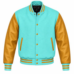 Tiffany Blue and Gold Varsity Jacket with Wool Body and Leather Sleeves
