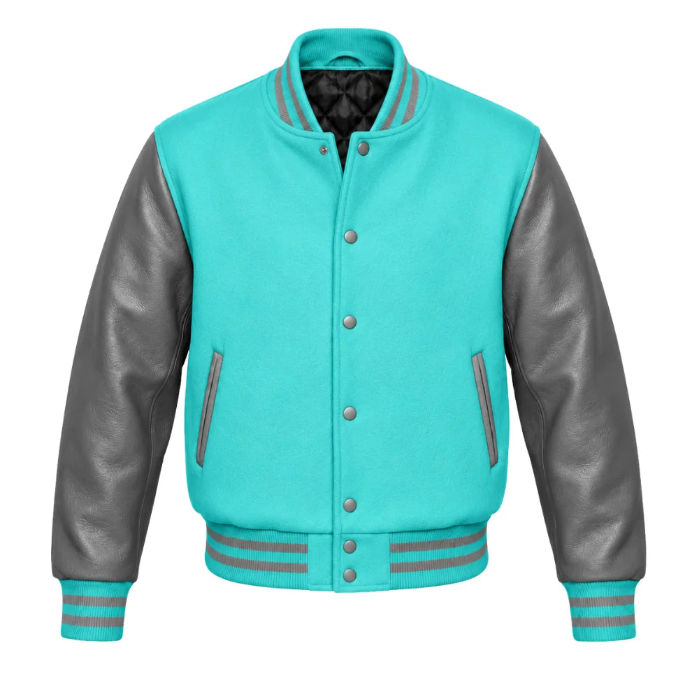 Tiffany Blue and Grey Varsity Jacket with Wool Body and Leather Sleeves