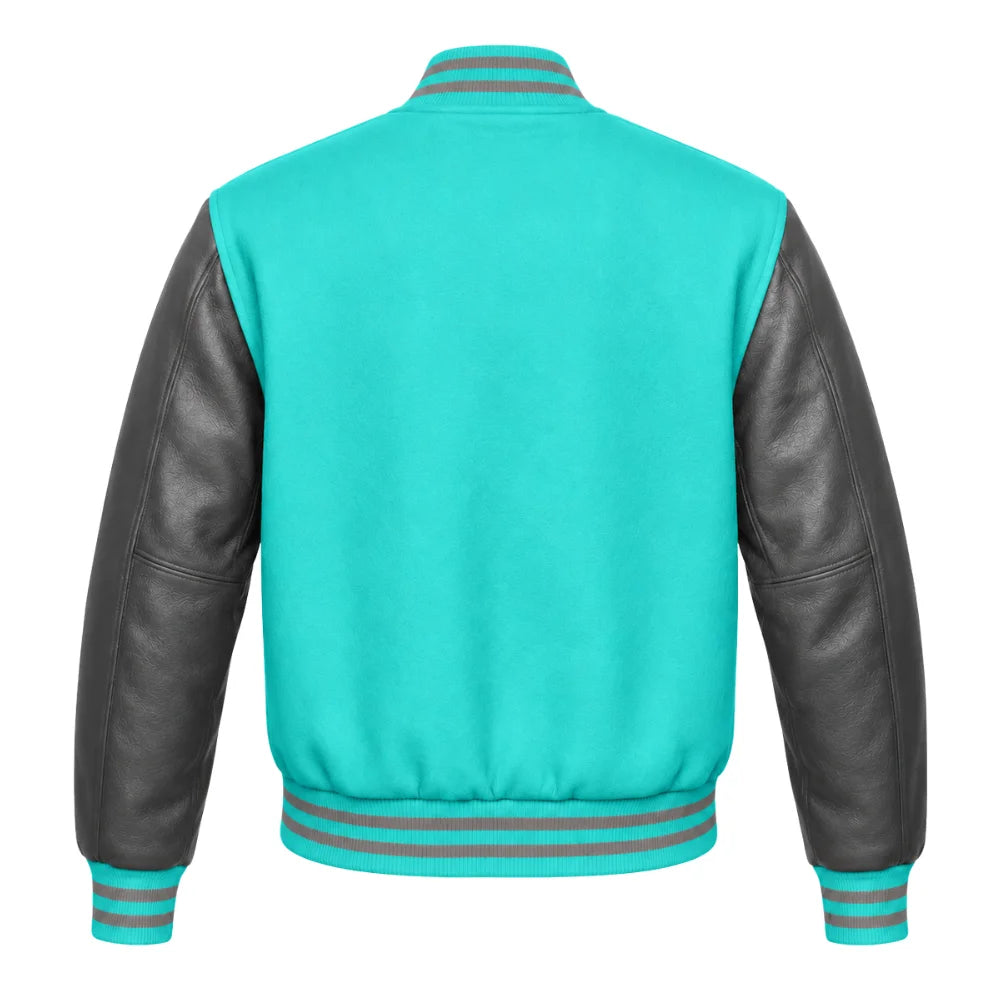 Tiffany Blue and Grey Varsity Jacket with Wool Body and Leather Sleeves Back View