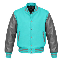 Tiffany Blue and Grey Varsity Jacket with Wool Body and Leather Sleeves
