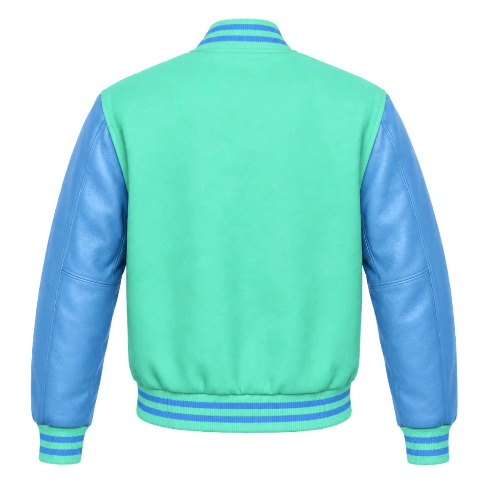 Tiffany and Sky Blue Varsity Jacket with Wool Body and Leather Sleeves Back Side