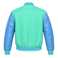 Tiffany and Sky Blue Varsity Jacket with Wool Body and Leather Sleeves Back Side