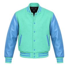 Tiffany and Sky Blue Varsity Jacket with Wool Body and Leather Sleeves