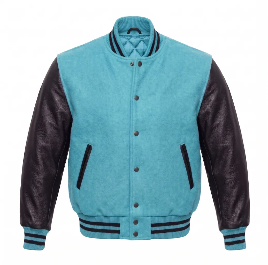 Tiffany Blue and Black Varsity Jacket with Wool Body and Leather Sleeves