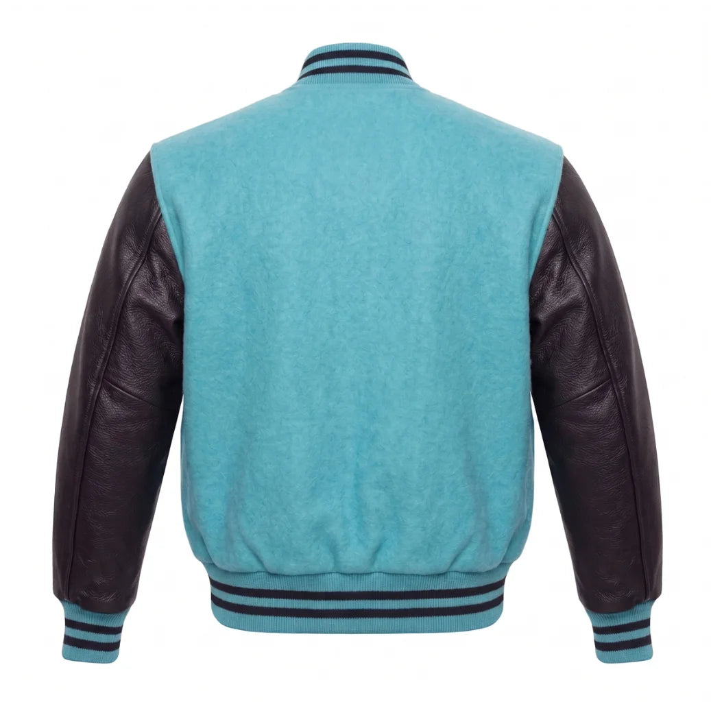 Tiffany Blue and Black Varsity Jacket with Wool Body and Leather Sleeves Back View