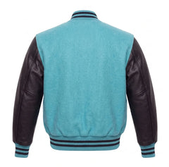 Tiffany Blue and Black Varsity Jacket with Wool Body and Leather Sleeves Back View