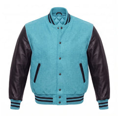 Tiffany Blue and Black Varsity Jacket with Wool Body and Leather Sleeves