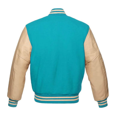 Tiffany and Cream Varsity Jacket with Wool Body and Leather Sleeves Back Side