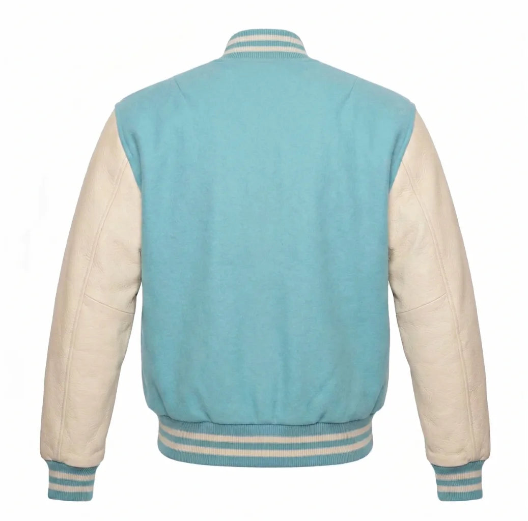 Tiffany and Cream Varsity Jacket with Wool Body and Leather Sleeves Back View