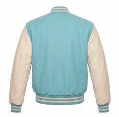 Tiffany and Cream Varsity Jacket with Wool Body and Leather Sleeves Back View
