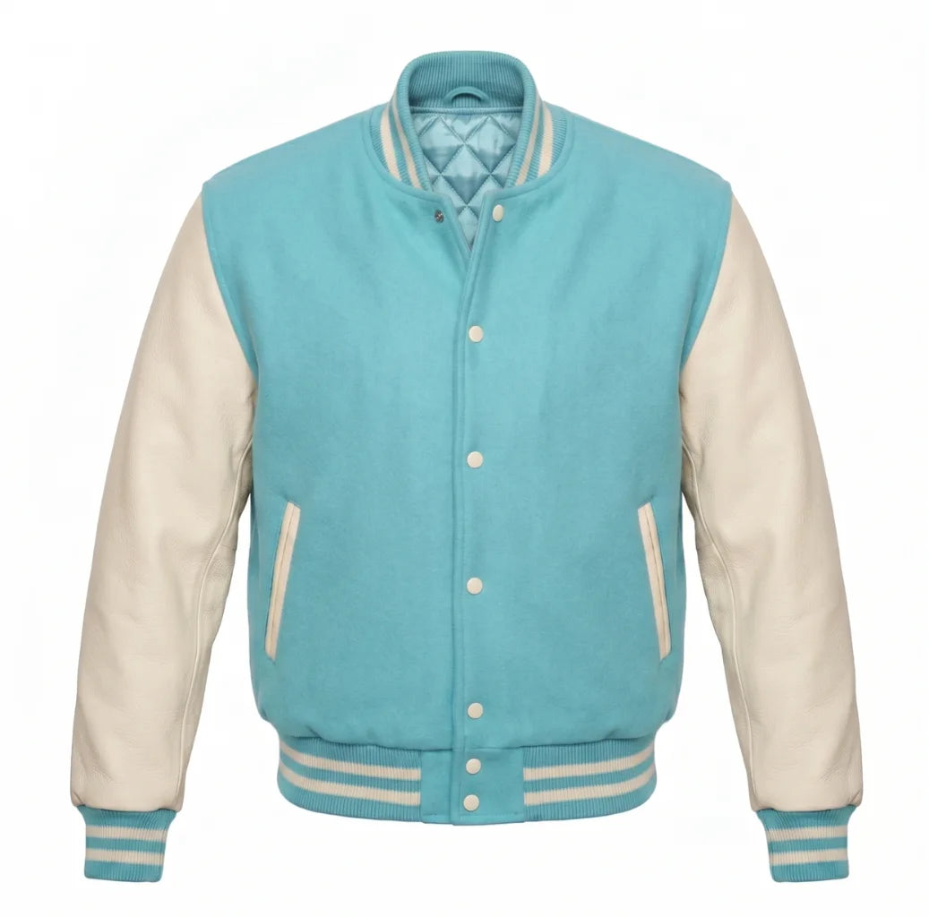 Tiffany and Cream Varsity Jacket with Wool Body and Leather Sleeves