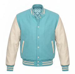 Tiffany and Cream Varsity Jacket with Wool Body and Leather Sleeves