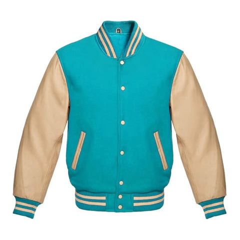 Tiffany and Cream Varsity Jacket with Wool Body and Leather Sleeves