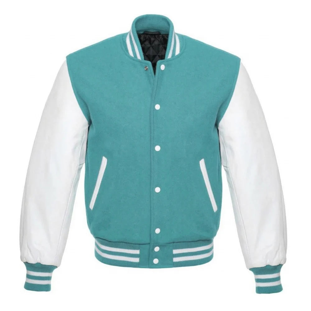 Tiffany and White Varsity Jacket with Wool Body and Leather Sleeves