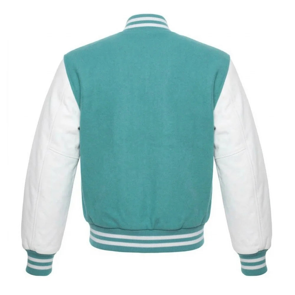 Tiffany and White Varsity Jacket with Wool Body and Leather Sleeves Back Side