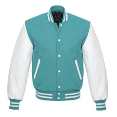 Tiffany and White Varsity Jacket with Wool Body and Leather Sleeves