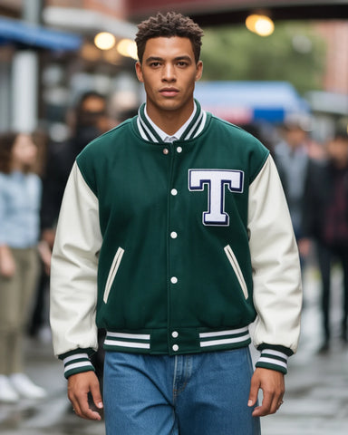 Person wearing a green and white varsity jacket with a large 'T' on a blurred street background