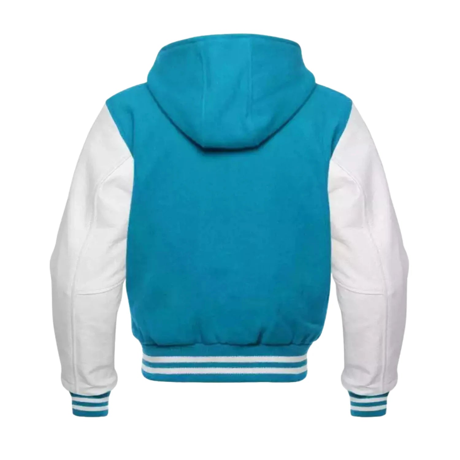 Turquoise Blue Wool and White Leather Hooded Varsity Jacket Back Side