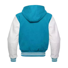 Turquoise Blue Wool and White Leather Hooded Varsity Jacket Back Side