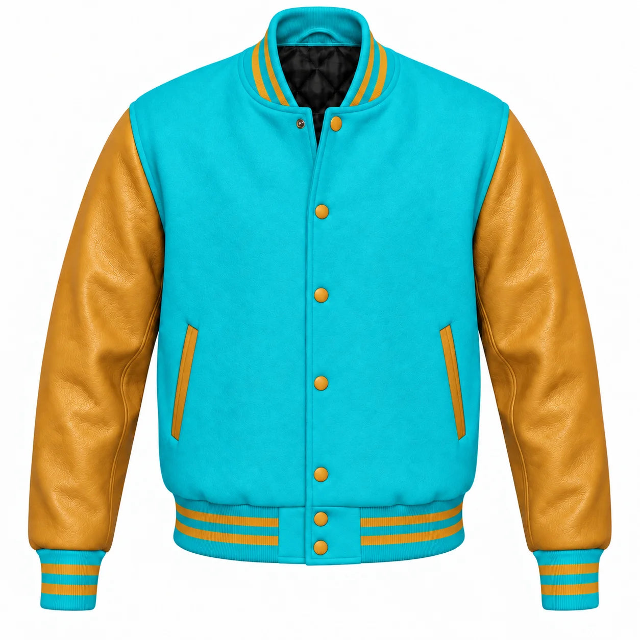 Turquoise and Gold Varsity Jacket with Wool Body and Leather Sleeves