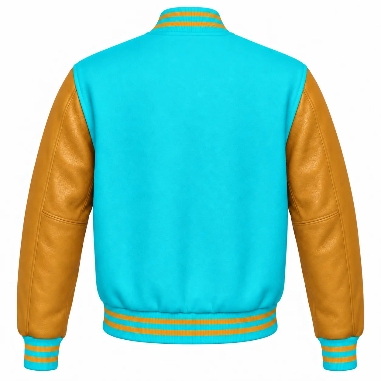 Turquoise and Gold Varsity Jacket with Wool Body and Leather Sleeves Back Side