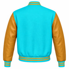 Turquoise and Gold Varsity Jacket with Wool Body and Leather Sleeves Back Side