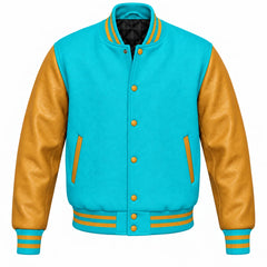 Turquoise and Gold Varsity Jacket with Wool Body and Leather Sleeves