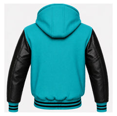 Turquoise and Black Letterman Jacket with Hood