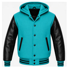 Turquoise and Black Letterman Jacket with Hood