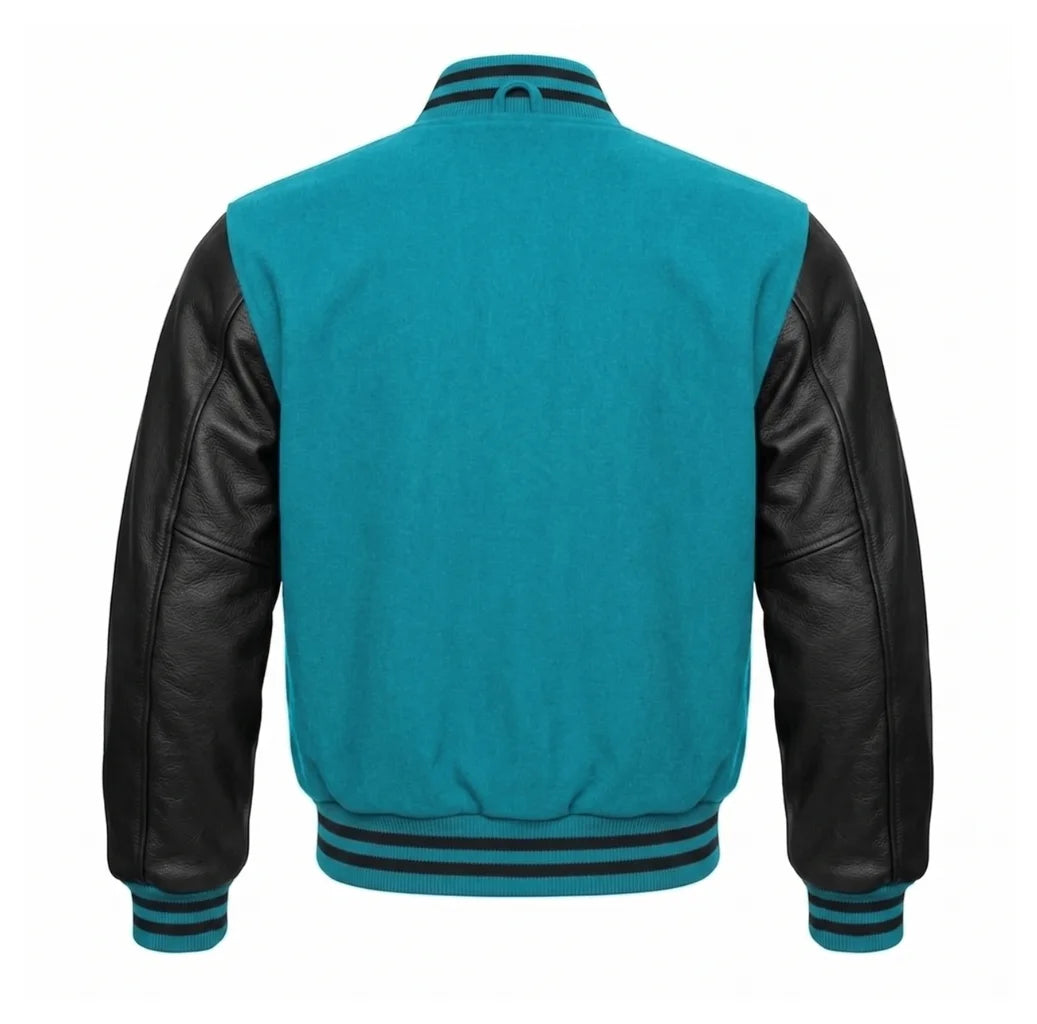Turquoise and Black Varsity Jacket with Wool Body and Leather Sleeves Back View