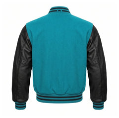 Turquoise and Black Varsity Jacket with Wool Body and Leather Sleeves Back View