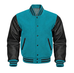 Turquoise and Black Varsity Jacket with Wool Body and Leather Sleeves