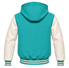 Turquoise and Cream Hooded Varsity Jacket