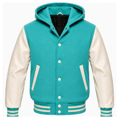 Turquoise and Cream Hooded Varsity Jacket