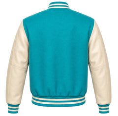 Turquoise wool varsity jacket with cream cowhide sleeves, back view