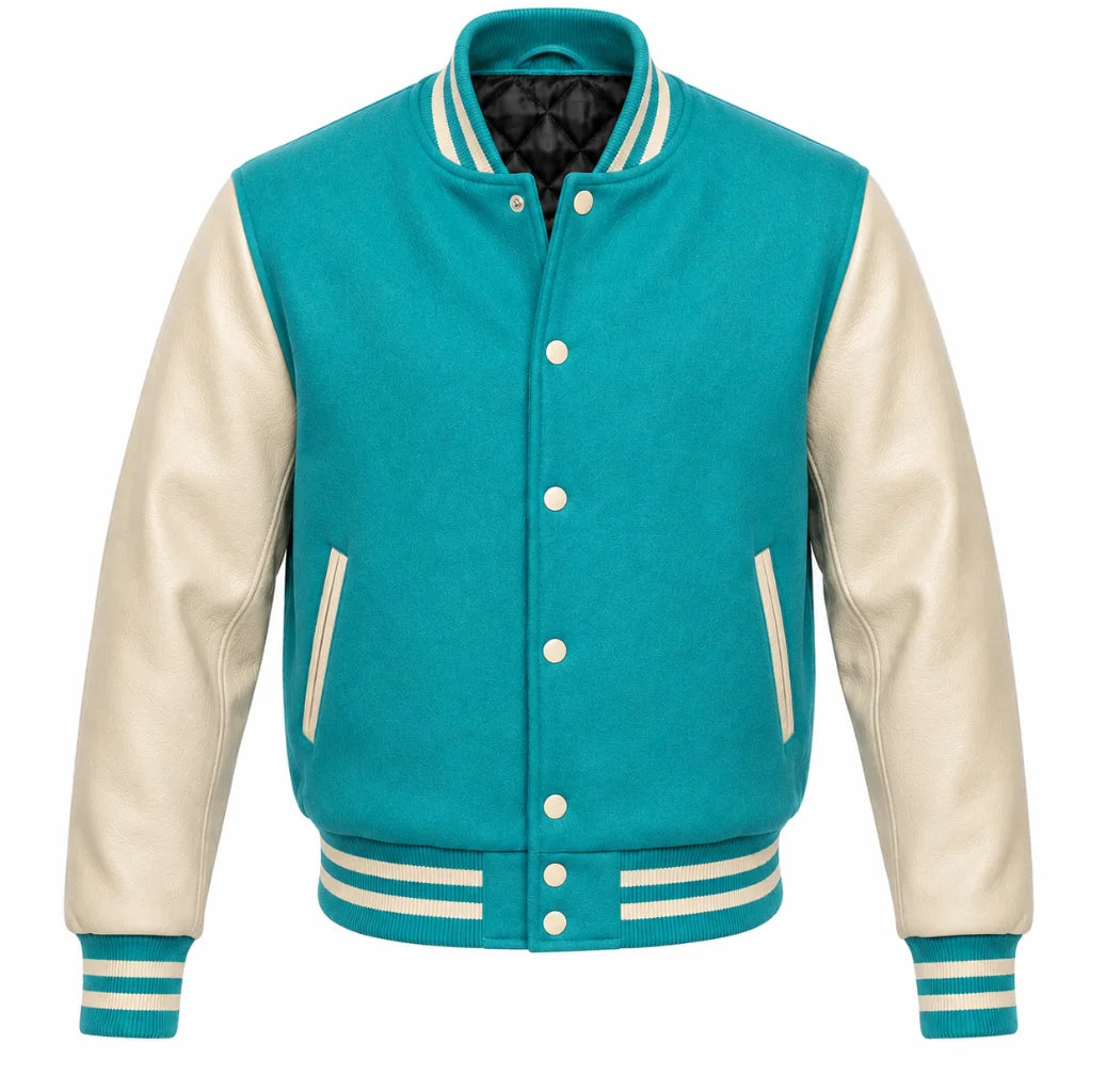 Turquoise melton wool varsity jacket with cream leather sleeves, front view