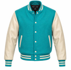 Turquoise melton wool varsity jacket with cream leather sleeves, front view