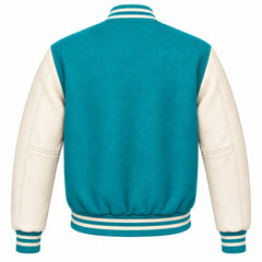 Turquoise and Cream Wool Varsity Jacket