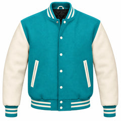 Turquoise and Cream Wool Varsity Jacket