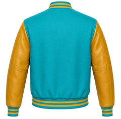 Turquoise wool varsity jacket with gold leather sleeves, back view
