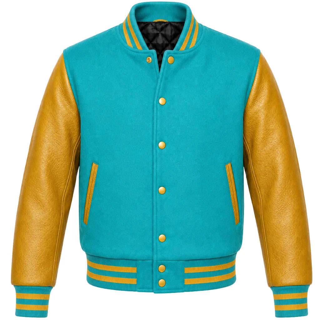 Turquoise melton wool varsity jacket with gold cowhide sleeves, front view