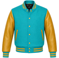 Turquoise melton wool varsity jacket with gold cowhide sleeves, front view