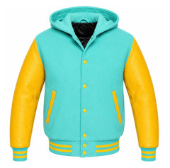 Turquoise and Gold Varsity Jacket with Hood